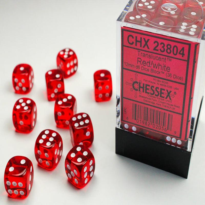 Chessex 23804 Translucent 12mm d6 (36 Dice) Red/white