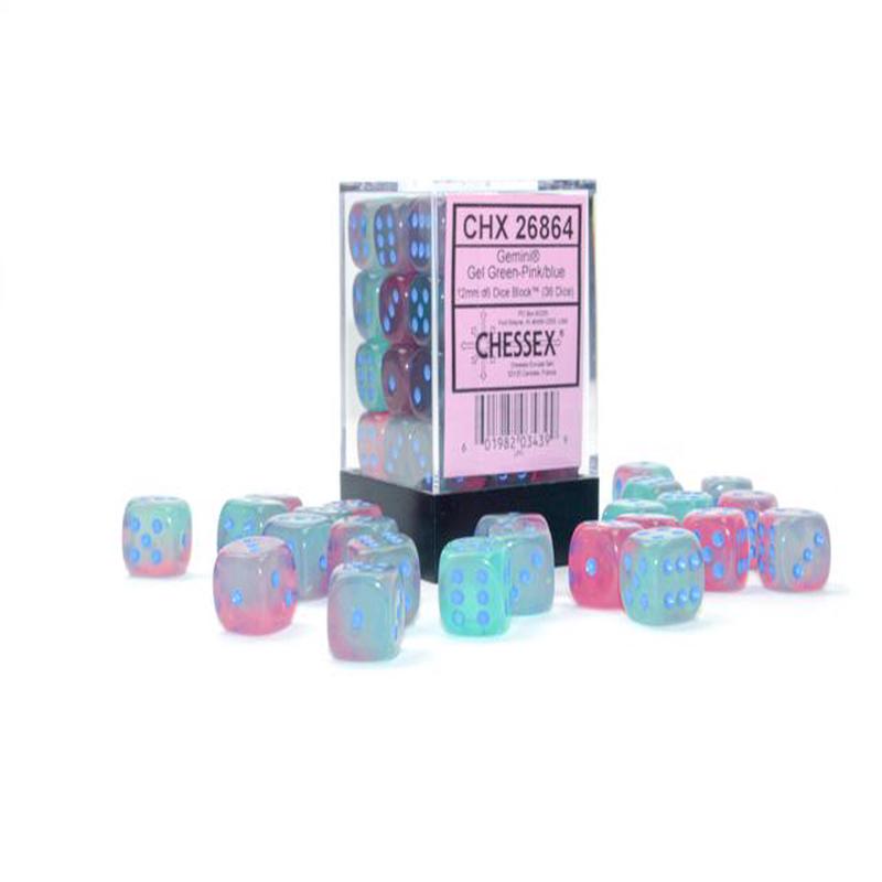 Chessex 26864 Gemini 12mm d6 Gel Green-Pink/blue Luminary Dice Block