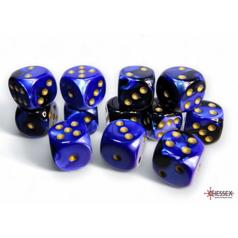 Chessex 26635 Gemini 16mm d6 Black-Blue/gold Dice Block (12 dice)