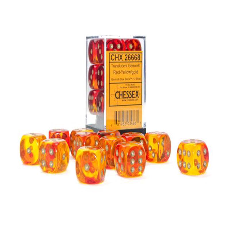 Chessex 26668 Gemini 16mm d6 Translucent Red-Yellow/gold Dice Block