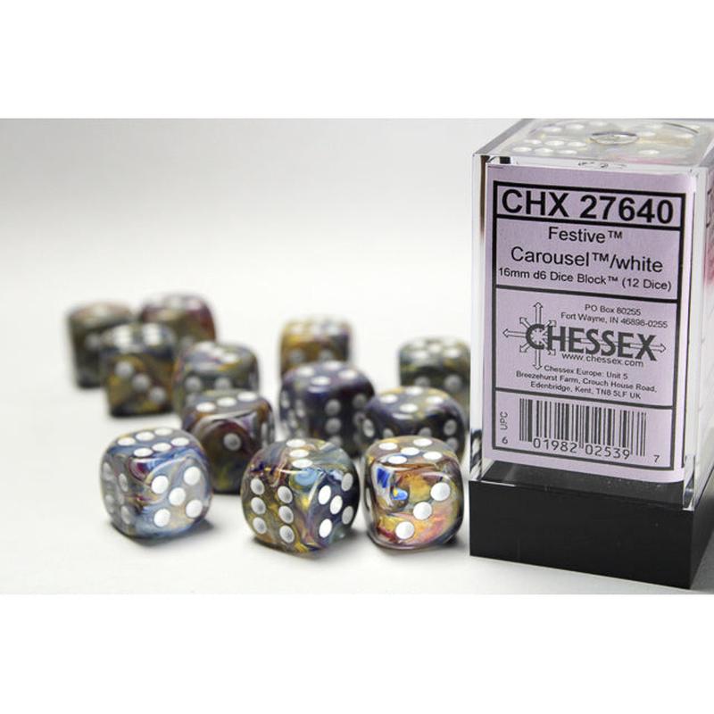 Chessex 27640 Festive 16mm d6 Carousel/white Dice Block (12 dice)