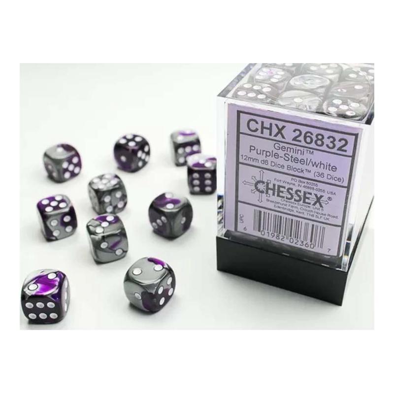 Chessex 26832 Chessex-Gemini 12mm d6(36 Dice) Purple-Steel/White