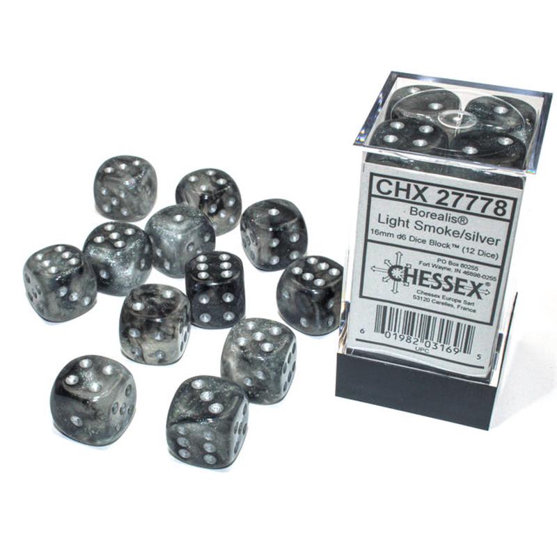 Chessex 27778 Borealis 16mm d6 Light Smoke/silver Luminary Dice Block