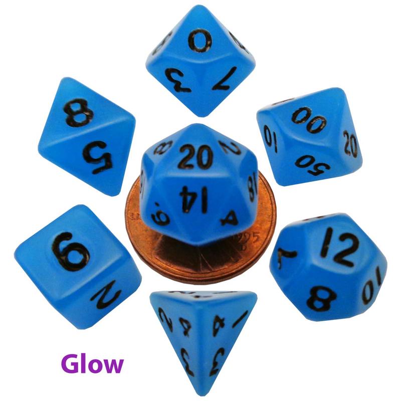 MDG MDG4302 Mini Polyhedral Dice Set: Glow Blue with Bla