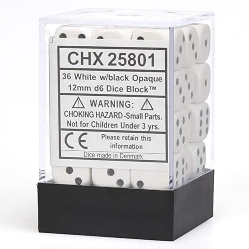 Chessex 25801 Opaque 12mm d6 White/black Dice Block (36 dice)