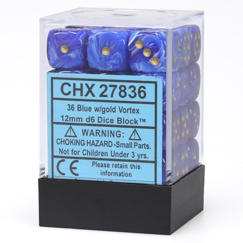 Chessex 27836 Vortex 12mm d6 Blue/gold Dice Block (36 dice)