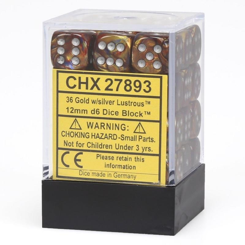 Chessex 27893 Lustrous 12mm d6 Gold/silver Dice Block (36 dice)