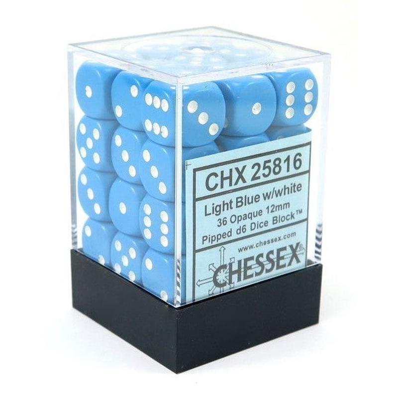 Chessex 25816 Opaque 12mm d6 Light Blue/white Dice Block (36 dice)