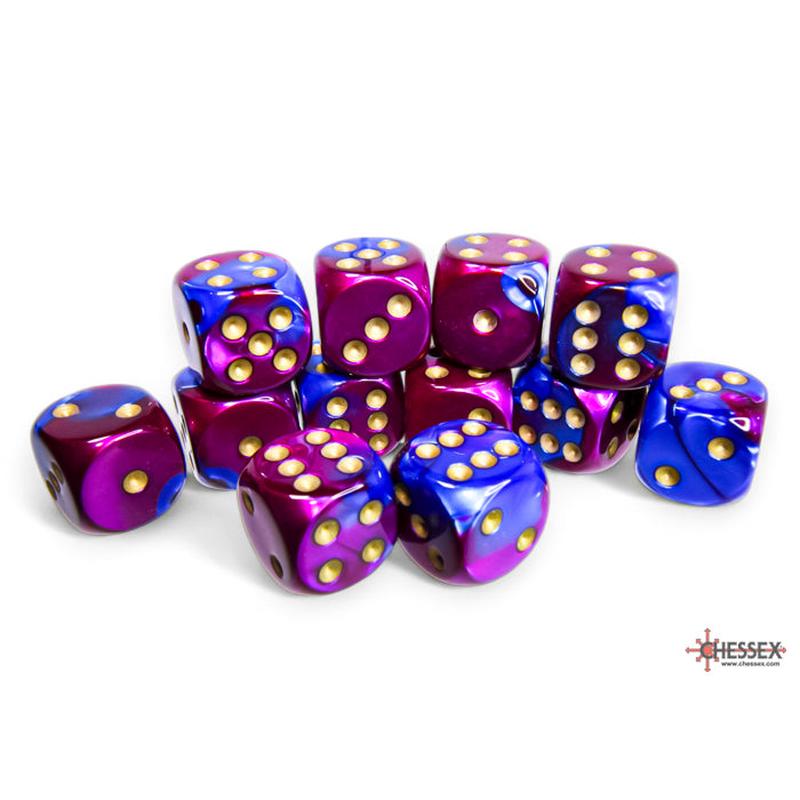 Chessex 26628 Gemini 16mm d6 Blue-Purple/gold Dice Block (12 dice)