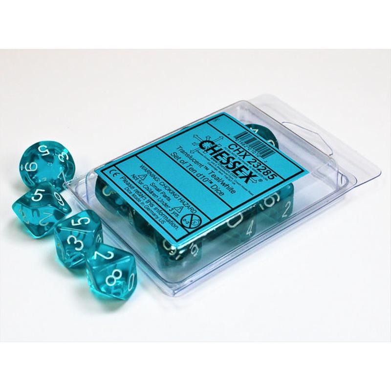 Chessex 23285 Translucent Teal/white Set of Ten d10s