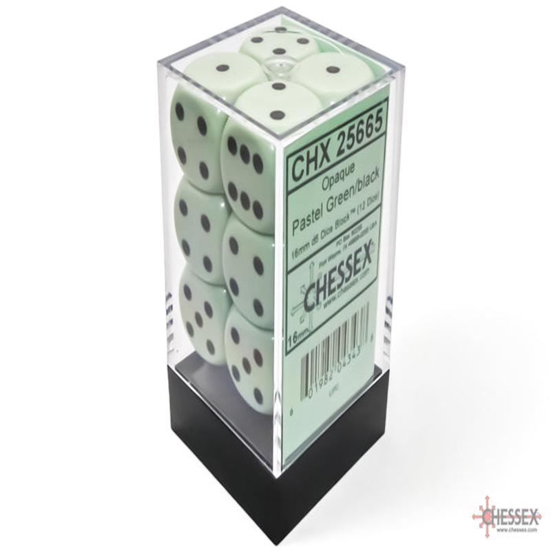 Chessex 25665 Opaque 16mm d6 Pastel Green/black Dice Block (12 dice)