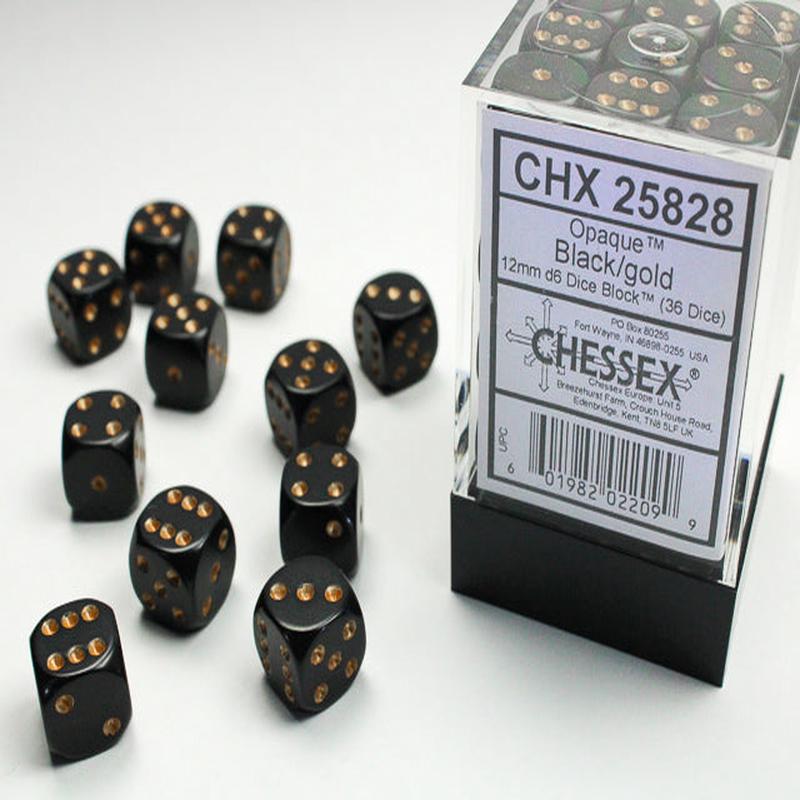 Chessex 25828 Opaque 12mm d6 (36 Dice) Black/gold