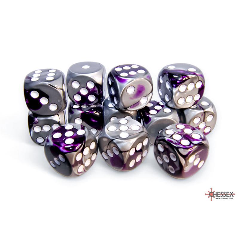 Chessex 26632 Gemini 16mm d6 Purple-Steel/white Dice Block (12 dice)
