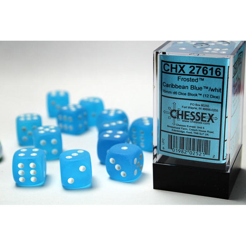 Chessex 27616 Frosted 16mm d6 Caribbean Blue/white Dice Block (12 dice)