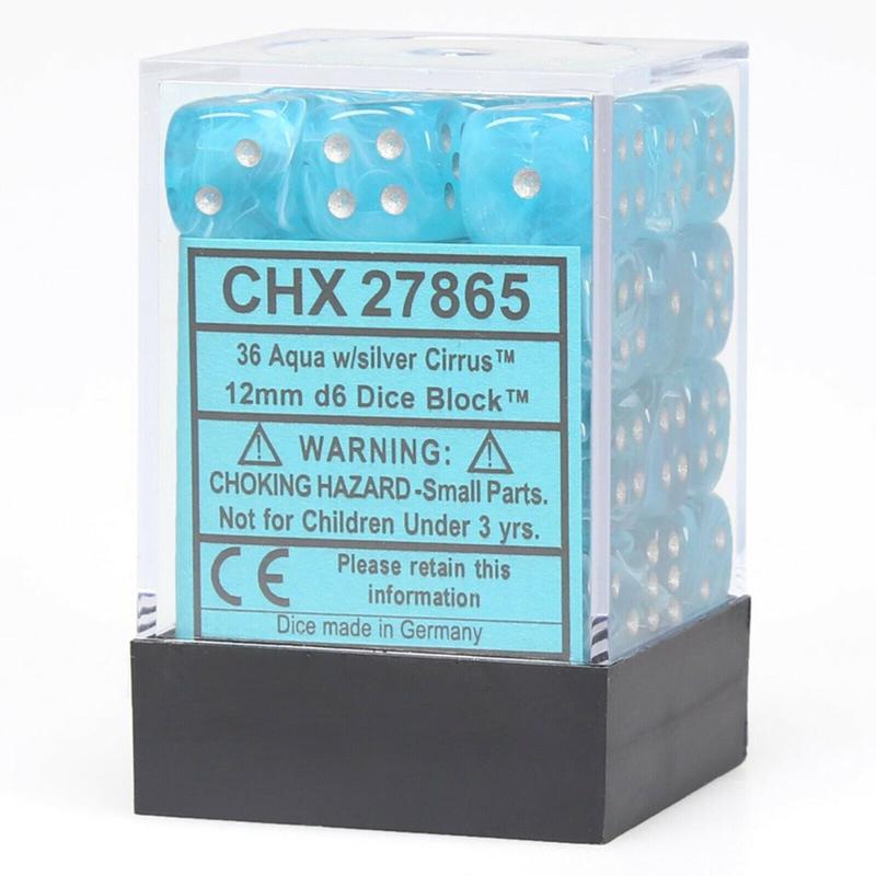 Chessex 27865 Cirrus 12mm d6 Aqua/silver Dice Block (36 dice)