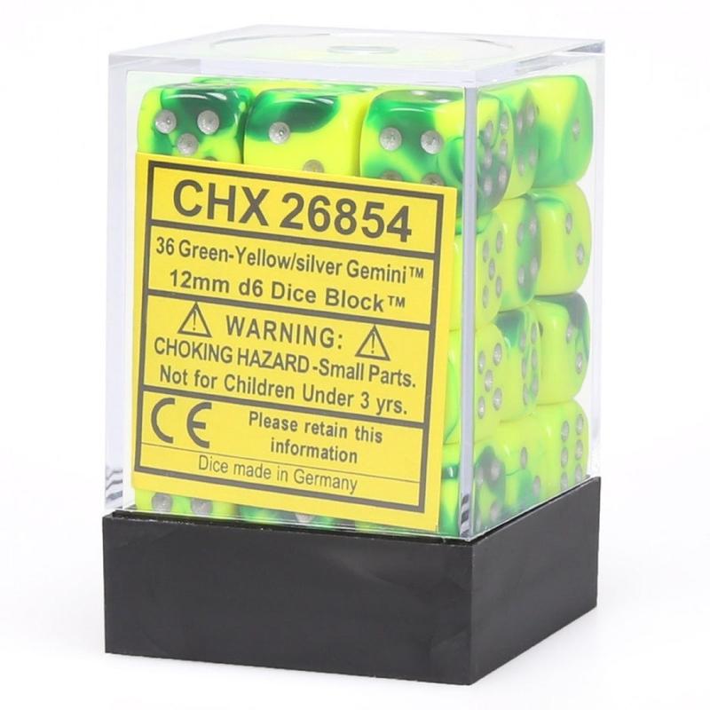 Chessex 26854 Gemini 12mm d6 Green-Yellow/silver Dice Block (36 dice)