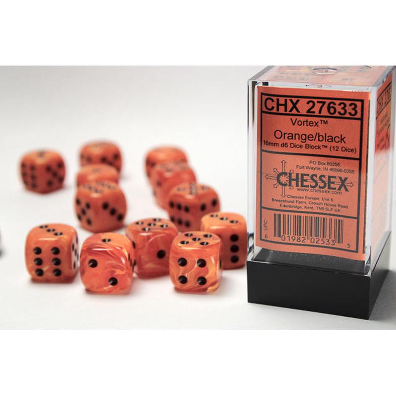Chessex 27633 Vortex 16mm d6 Orange/black Dice Block (12 dice)