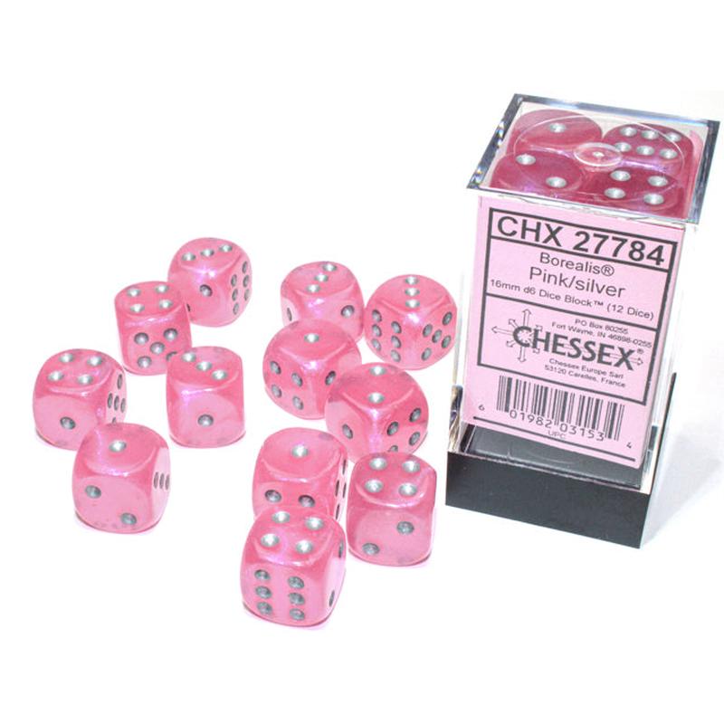 Chessex 27784 Borealis 16mm d6 Pink/silver Luminary Dice Block (12 dice)