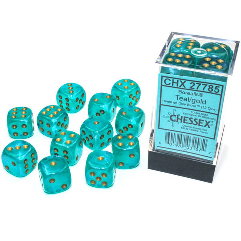 Chessex 27785 Borealis 16mm d6 Teal/gold Luminary Dice Block (12 dice)
