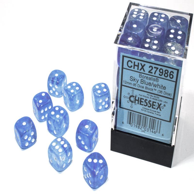 Chessex 27986 Borealis 12mm d6 Sky Blue/white Luminary Dice Block (36 dice)