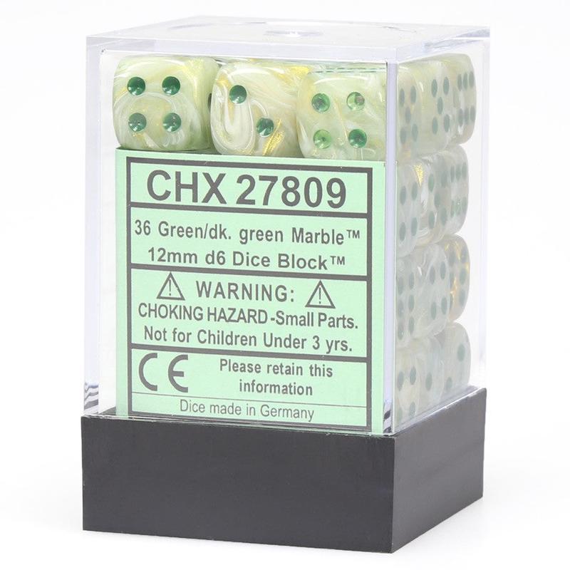 Chessex 27809 Marble 12mm d6 Green/dark green Dice Block (36 dice)