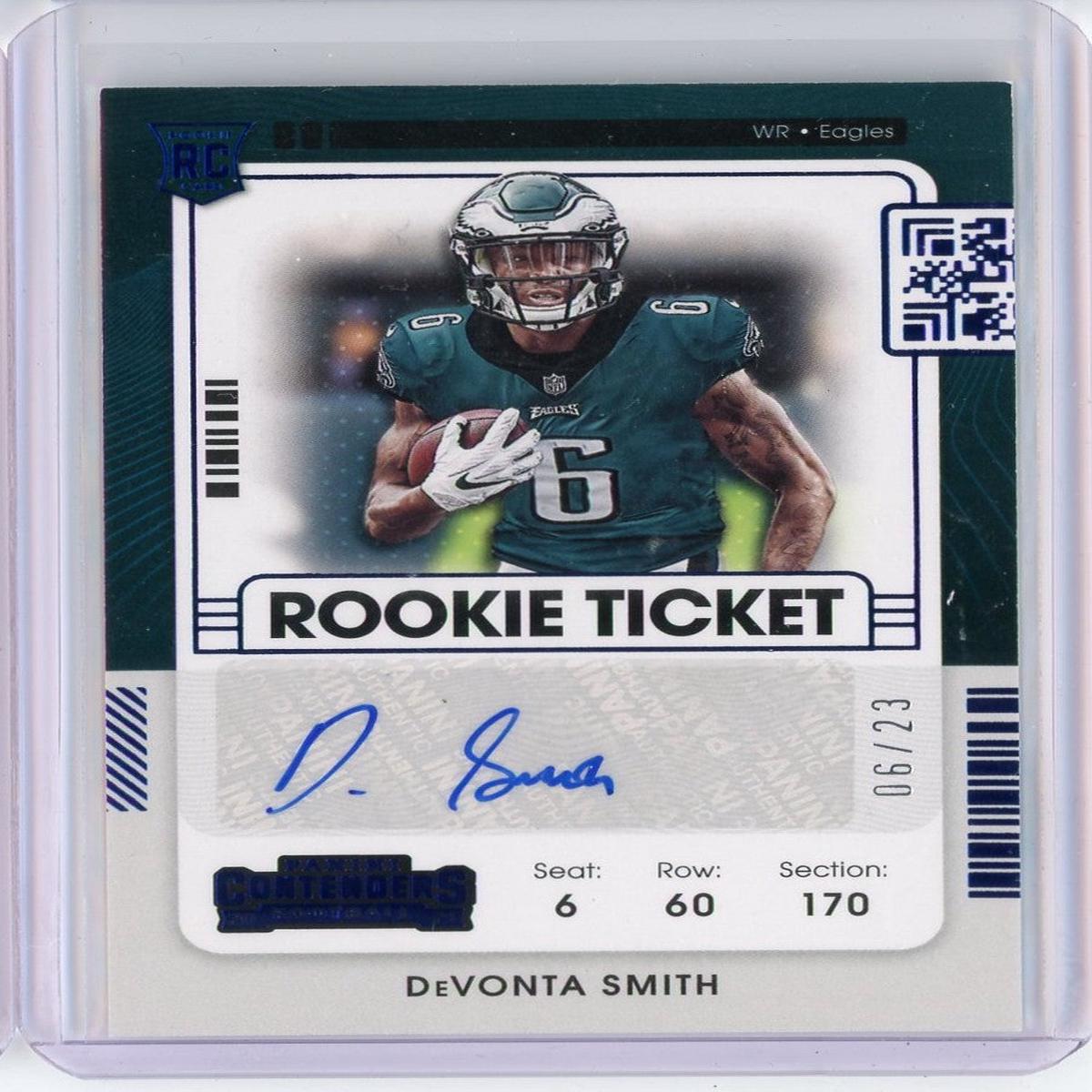 2021 Panini Contenders Blue Variation Rookie Ticket Devonta Smith #107 Jersey Number 6/23 Auto Rookie RC Football Card