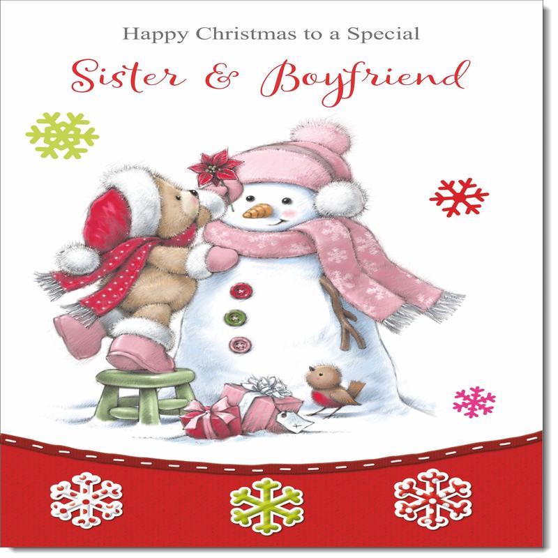 Sister & Boyfriend Christmas Card Cute Bear with Snowman