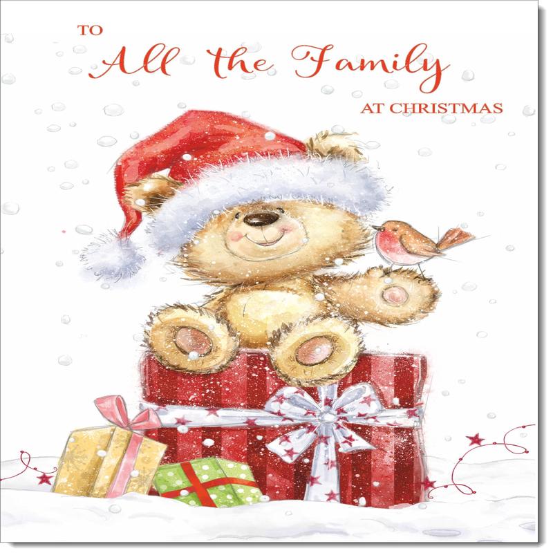 To All The Family Christmas Card Cute Bear on Parcel