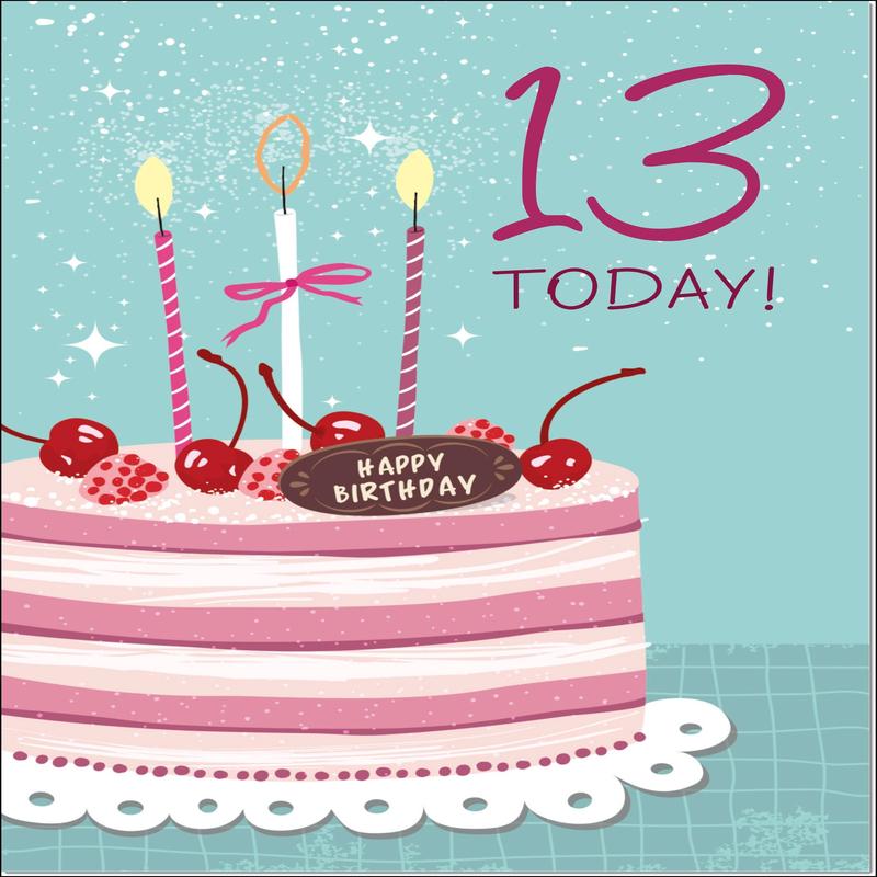 13th Birthday Card Age 13 for Girl Cherry Birthday Cake and Candles