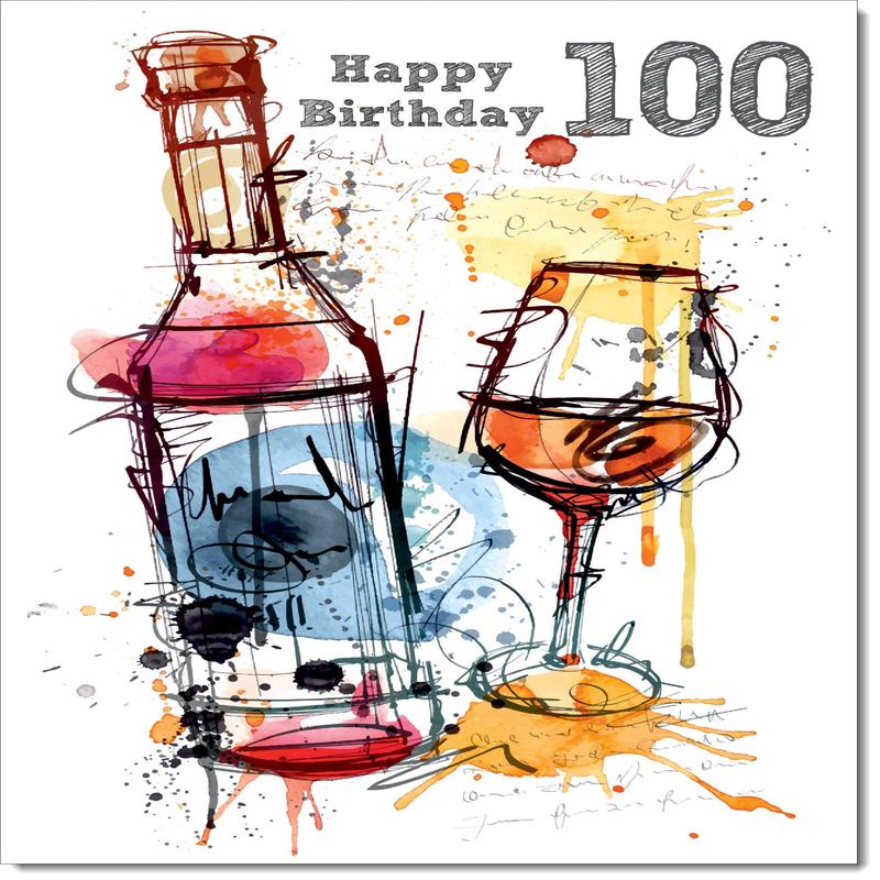 100th Birthday Card Age 100 for Him Wine Bottle Abstract Watercolour